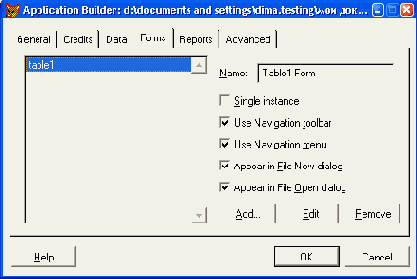 Вкладка Forms диалогового окна Application Builder