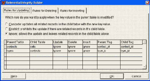 Диалоговое окно Referential Integrity Builder для определения условия целостности данных