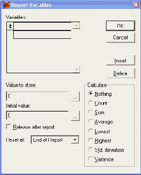 Диалоговое окно Report Variables