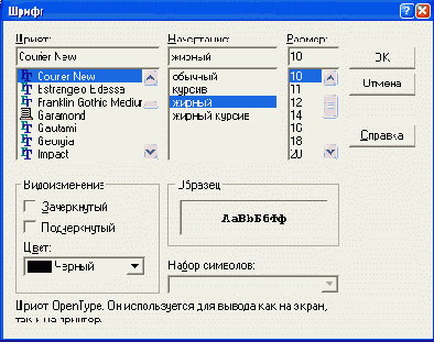 Диалоговое окно Шрифт