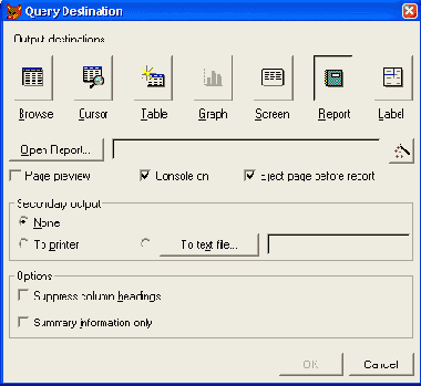 Диалоговое окно Query Destination с выбранной опцией Report