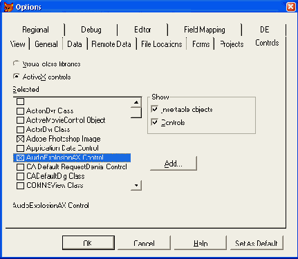 Вкладка Controls диалогового окна Options