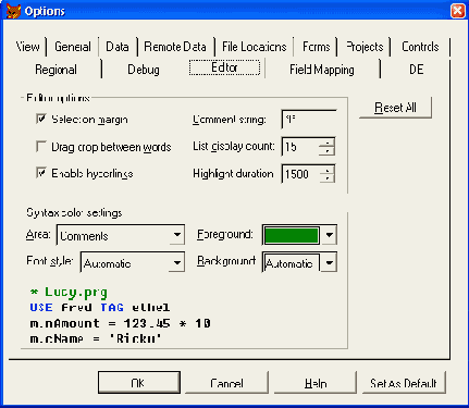 Вкладка Editor диалогового окна Options
