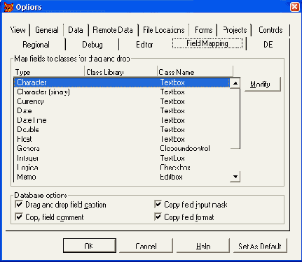 Вкладка Field Mapping диалогового окна Options