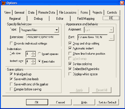 Вкладка IDE диалогового окна Options