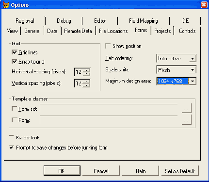 Вкладка Forms диалогового окна Options